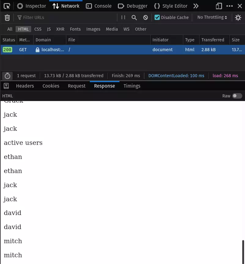 Firefox dev tools open, showing the HTML returned from the first request, within the view is actual data coming back within the HTML