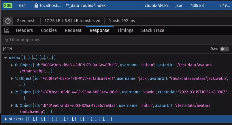 Firefox dev tools open, showing the JSON returned from a subsequent request, without any markup